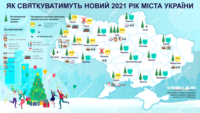 У Києві встановлять три ялинки, біля кожної буде святкова локація. Взагалі не буде головної ялинки у Вінниці та Рівному.
