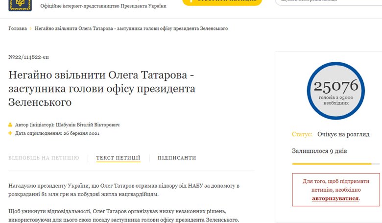 Петиция президенту об увольнении заместителя руководителя ОПУ Олега Татарова собрала более 25 тысяч голосов.