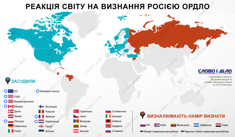 Только четыре страны и две непризнанные республики поддержали решение Путина о признании Л/ДНР. Кто осудил – на карте.