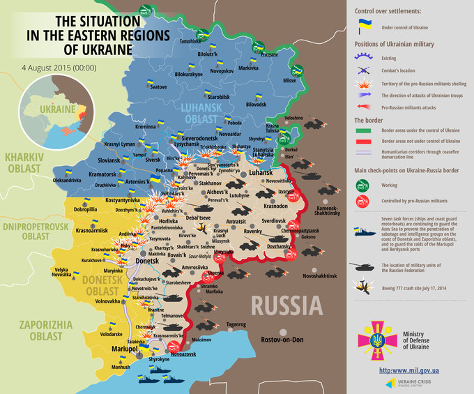 Ситуация на востоке страны по состоянию на 00:00 4 августа 2015 года по данным СНБО Украины, пресс-центра АТО, Минобороны, журналистов и волонтеров.