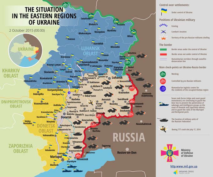 Ситуация на востоке страны по состоянию на 00:00 2 октября 2015 года по данным СНБО Украины, пресс-центра АТО, Минобороны, журналистов и волонтеров.