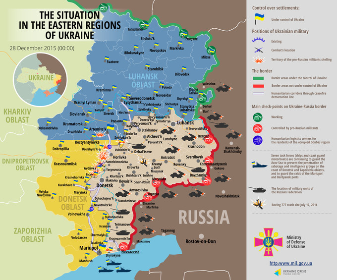 Ситуация на востоке страны по состоянию на 00:00 28 декабря 2015 по данным СНБО Украины, пресс-центра АТО, Минобороны, журналистов и волонтеров.