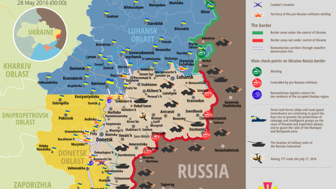 Ситуация на востоке страны на 00:00 28 мая 2016 года по данным СНБО Украины, пресс-центра АТО, Минобороны, журналистов и волонтеров.