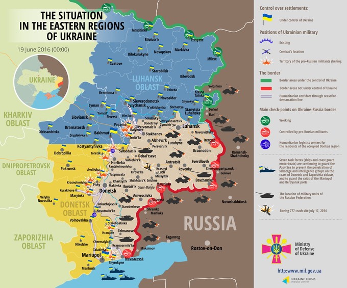 Ситуація на сході країни на 00:00 19 червня 2016 року за даними РНБО України, прес-центру АТО, Міноборони, журналістів і волонтерів.