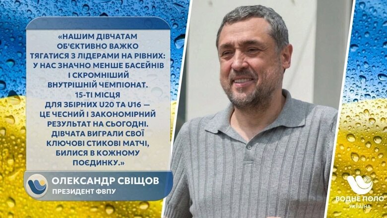 Свищев о сборной U20, чемпионате Европы и перспективах водного поло Александр Свищев оценил выступление украинских сборных на международных турнирах, объяснил, почему сборная U20 должна была бороться за выход в финал, и назвал главные задачи для развития юношеского водного поло.
