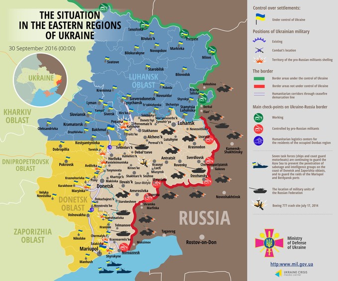 Ситуація на сході країни станом на 00:00 30 вересня 2016 року за даними РНБО України, прес-центру АТО, Міноборони, журналістів та волонтерів.