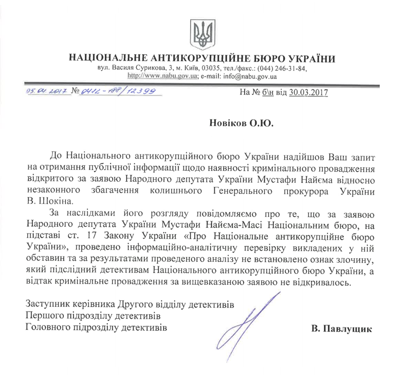 У Національному антикорупційному бюро України заявляють про відсутність фактів незаконного збагачення колишнього глави ГПУ Шокіна