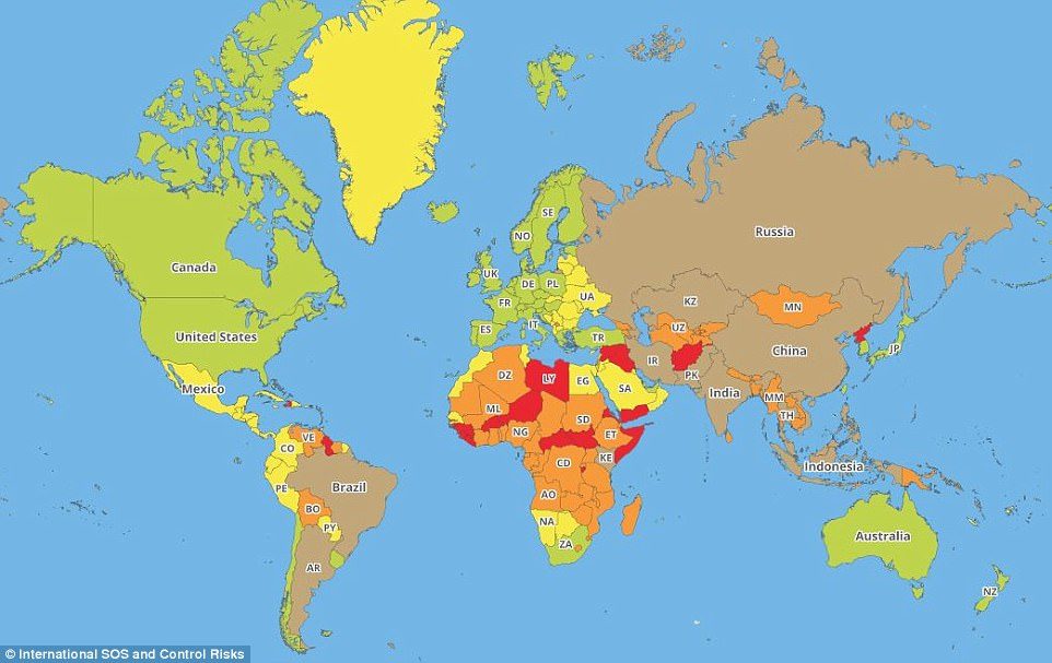 Сотрудники медицинской сервисной компании International SOS разработали карту на которой отмечены наиболее опасные для посещения страны