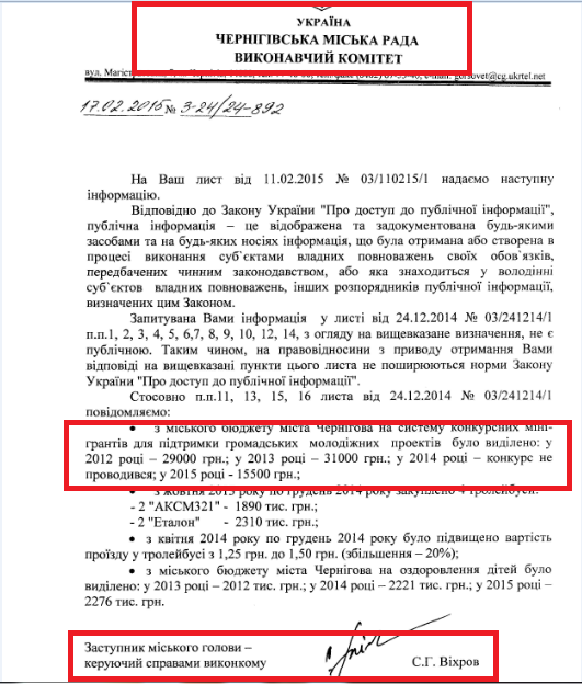 Лист Заступника міського голови Віхрова С.