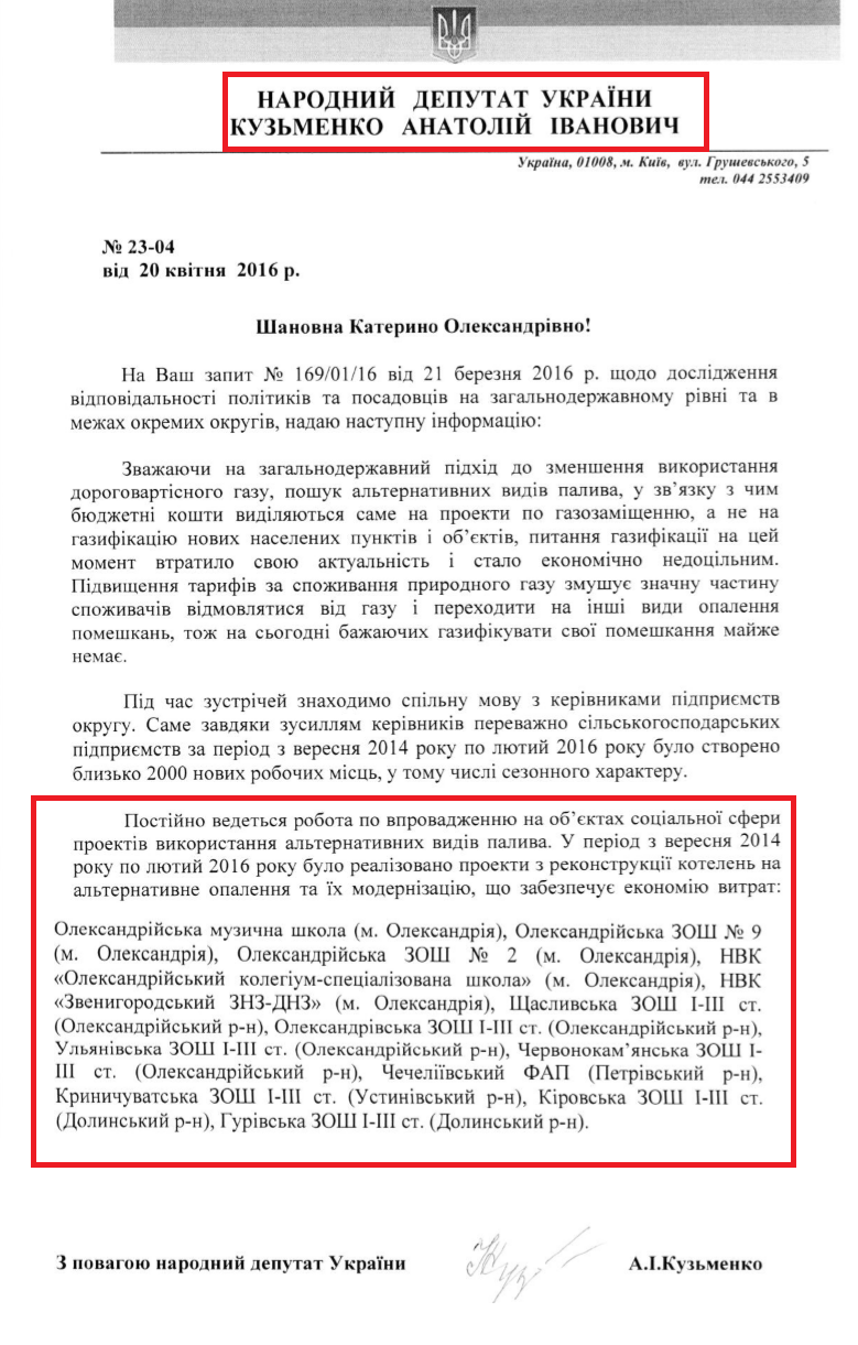 лист народного депутата Анатолія Кузьменко 