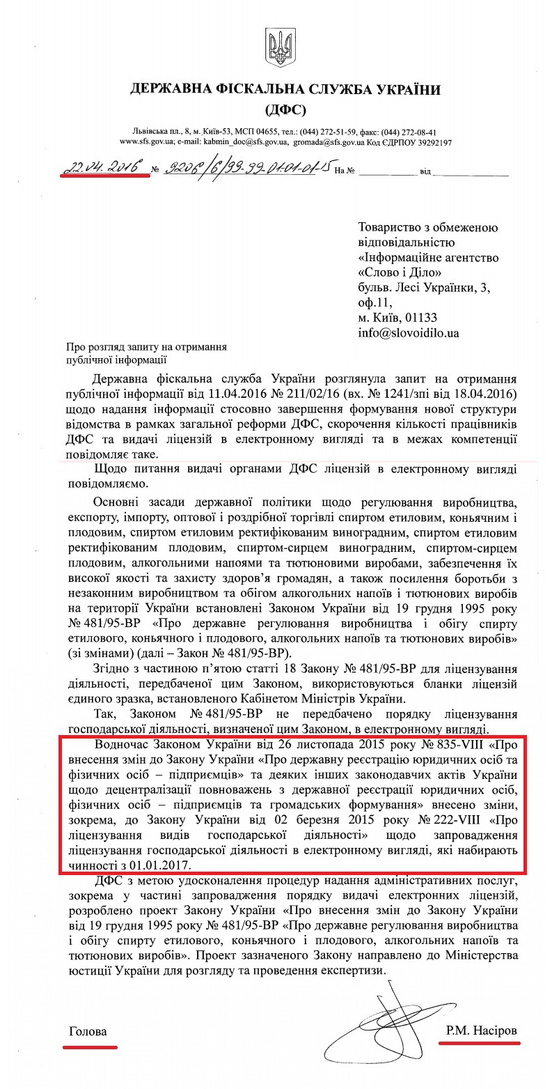 Лист голови ДФС України Насірова Р.М. від 22 квітня 2016 року