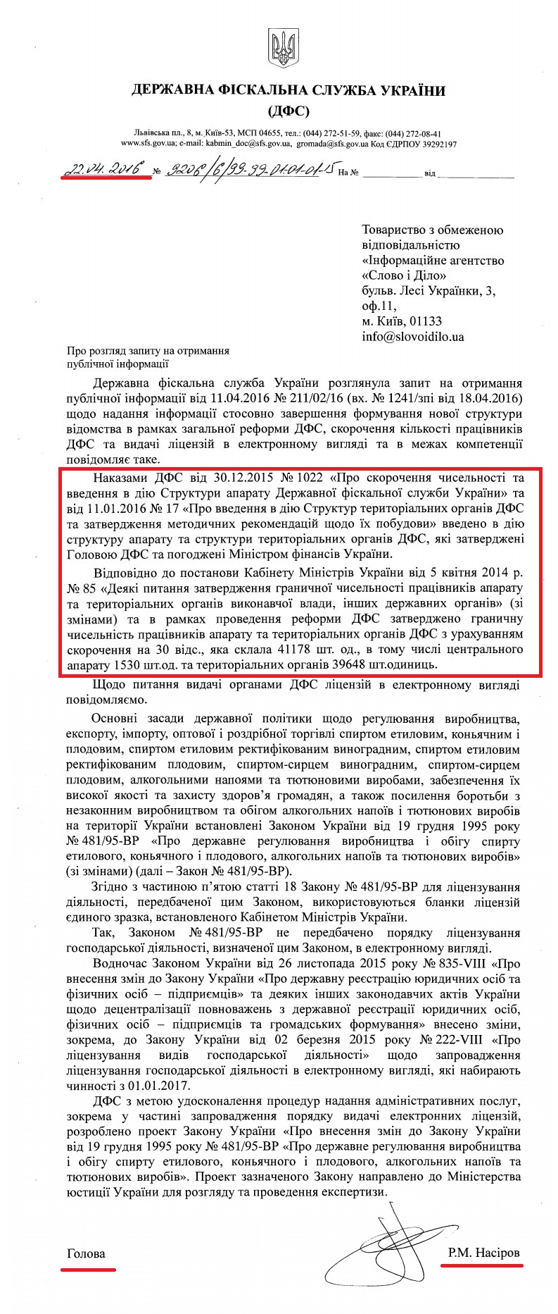 Лист голови ДФС України Насірова Р.М. від 22 квітня 2016 року