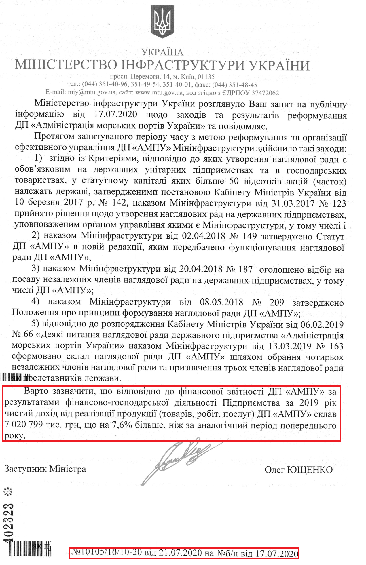 Лист Міністерства інфраструктури України від 21 липня 2020 року