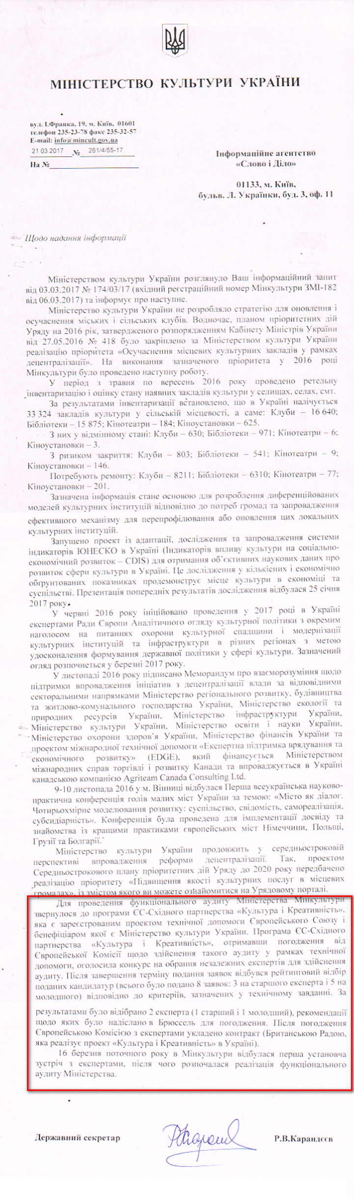 Лист Міністерства культури України від 21 березня 2017 року
