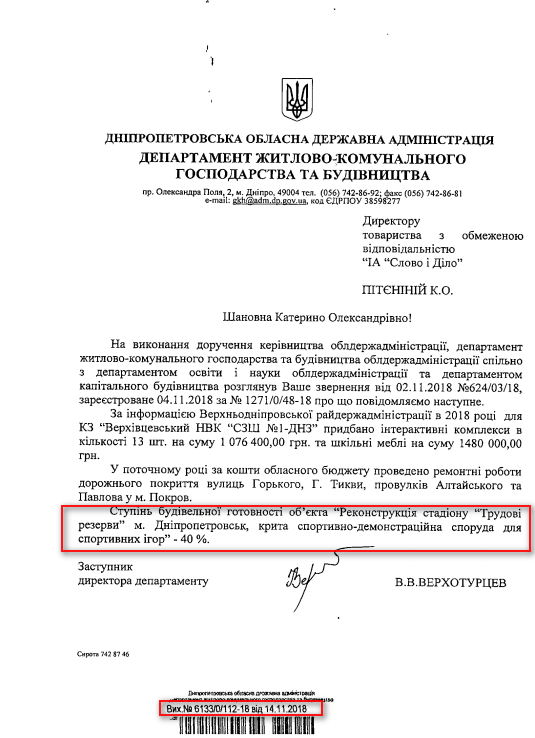 Лист Дніпропетровської ОДА від 14 листопада 2018 року