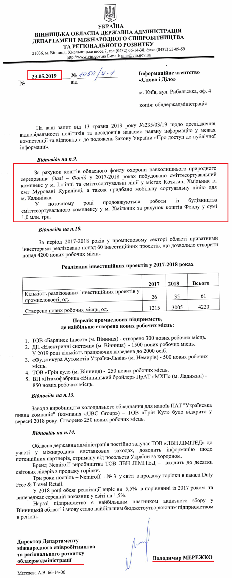 Лист департаменту Володимира Мережка