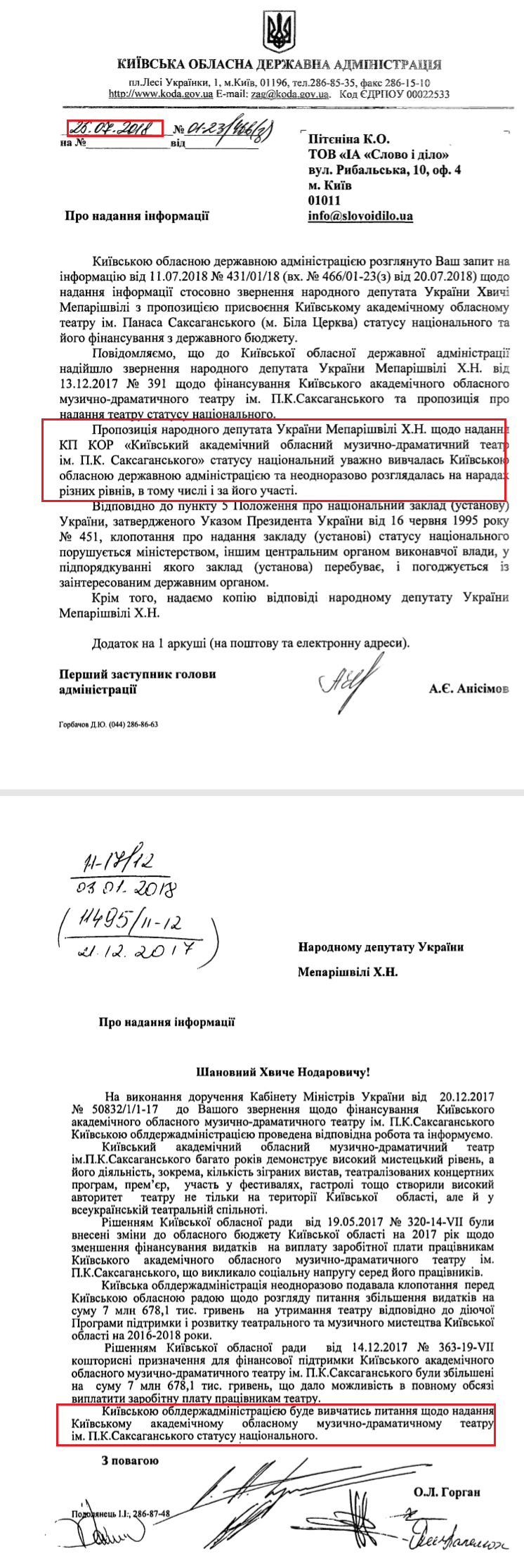 Лист Київської облдержадміністрації від 25 липня 2018 року