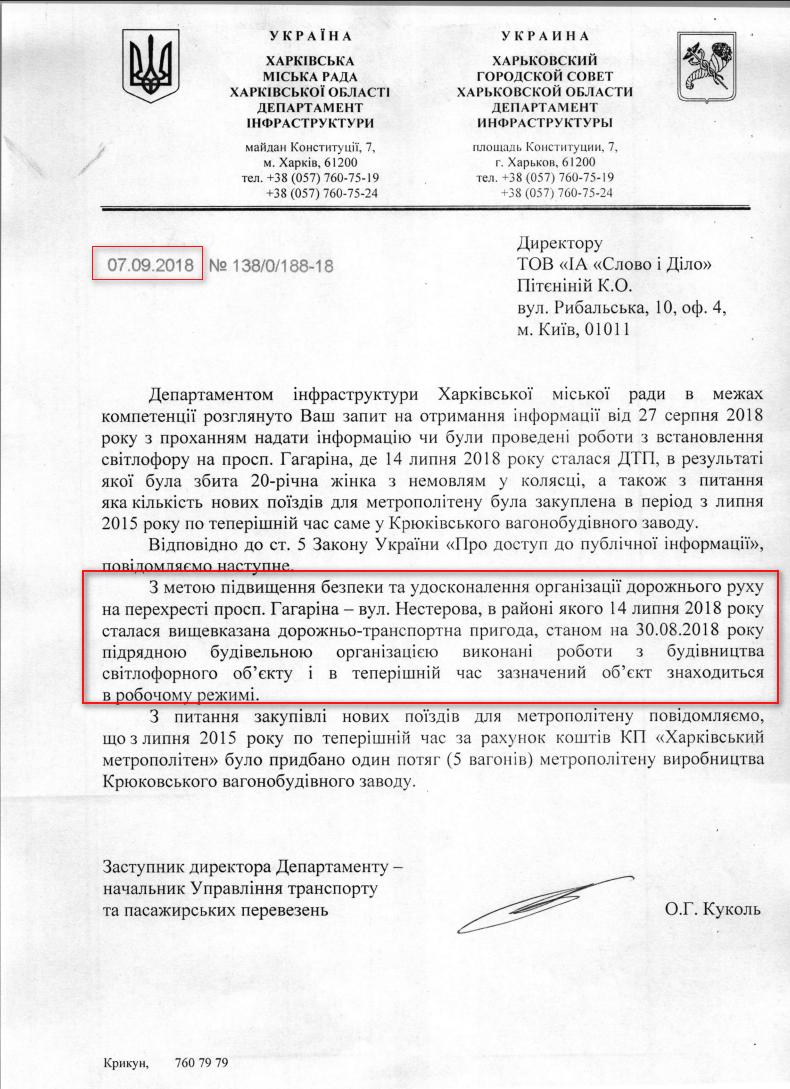 Лист Харківської міської ради від 7 вересня 2018 року