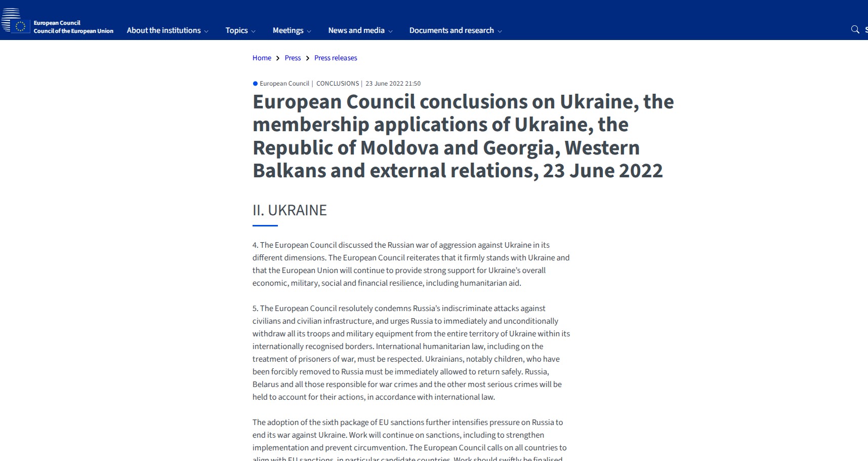 https://www.consilium.europa.eu/en/press/press-releases/2022/06/23/european-council-conclusions-on-ukraine-the-membership-applications-of-ukraine-the-republic-of-moldova-and-georgia-western-balkans-and-external-relations-23-june-2022/