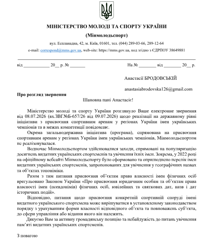 Відповідь Мінмолодьспорту