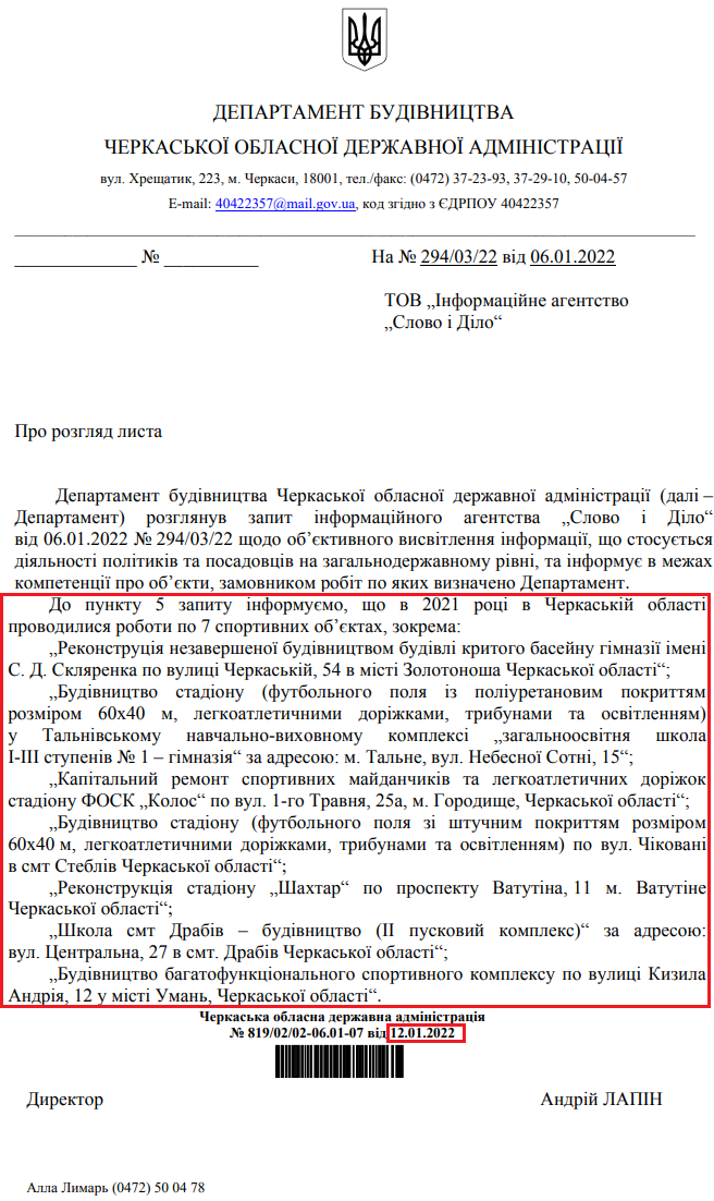 Лист Черкаської обласної державної адміністрації від 12 січня 2022 року