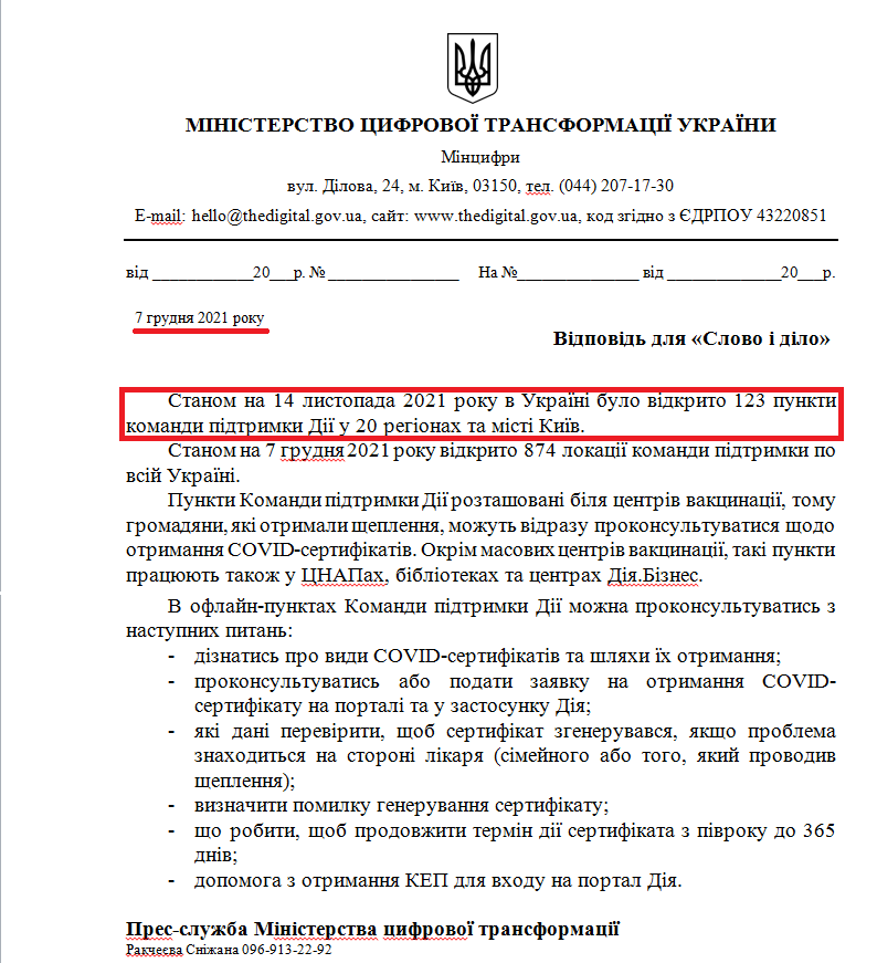 Лист прес-служби Міністерства цифрової трансформації України від 7 грудня 2021 року