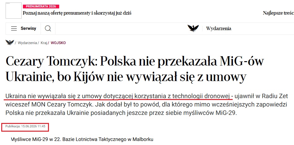 https://www.rp.pl/wojsko/art44625611-cezary-tomczyk-polska-nie-przekazala-mig-ow-ukrainie-bo-kijow-nie-wywiazal-sie-z-umowy