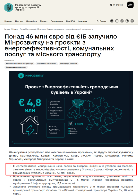https://mindev.gov.ua/news/ponad-46-mln-ievro-vid-ieib-zaluchylo-minrozvytku-na-proiekty-z-enerhoefektyvnosti-komunalnykh-posluh-ta-miskoho-transportu