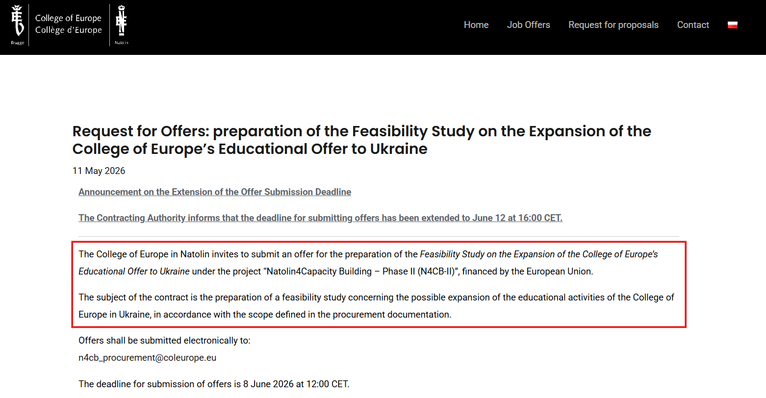 https://ke.coleurope.pl/en/request-for-offers-preparation-of-the-feasibility-study-on-the-expansion-of-the-college-of-europes-educational-offer-to-ukraine/