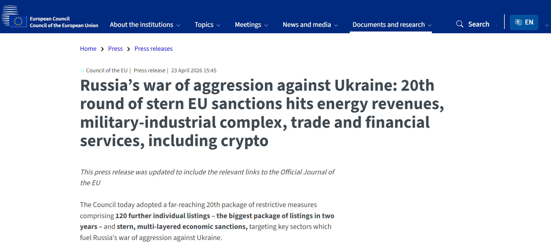 https://www.consilium.europa.eu/en/press/press-releases/2026/04/23/russia-s-war-of-aggression-against-ukraine-20th-round-of-stern-eu-sanctions-hits-energy-military-industrial-complex-trade-and-financial-services-including-crypto/