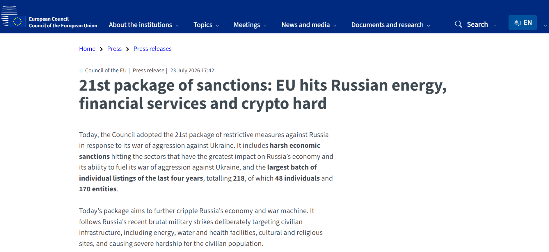 https://www.consilium.europa.eu/en/press/press-releases/2026/07/23/21st-package-of-sanctions-eu-hits-russian-energy-financial-services-and-crypto-hard/
