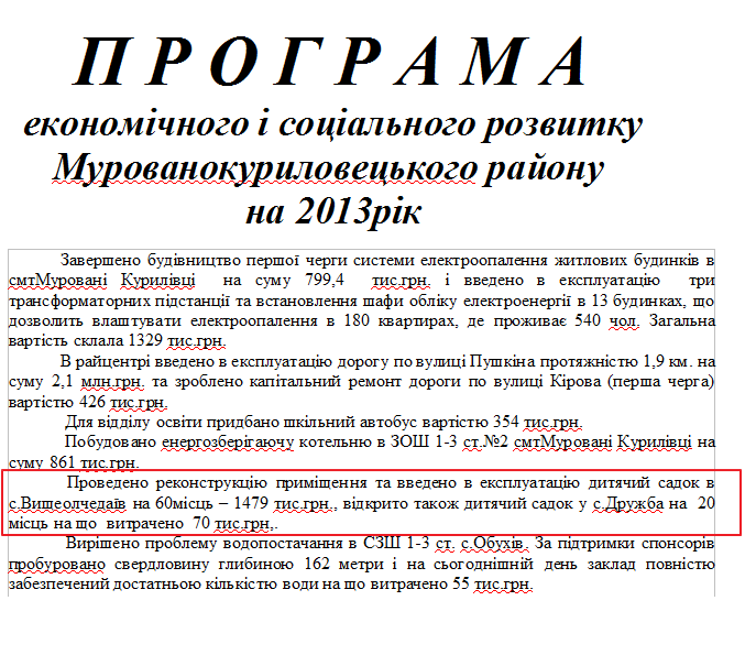 Программа экономического и социального развития Мурованокуриловецкого района на 2013 год 