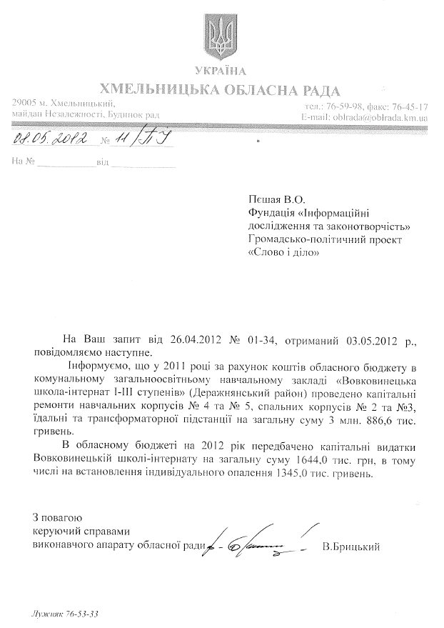 Лист керуючого справами виконавчого апарату обласної ради В. Брицького