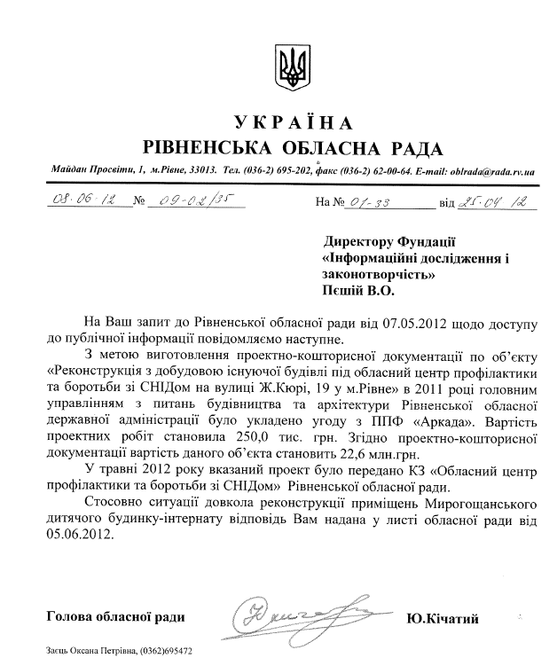 Лист голови Рівненської обласної ради Ю.Кічатого