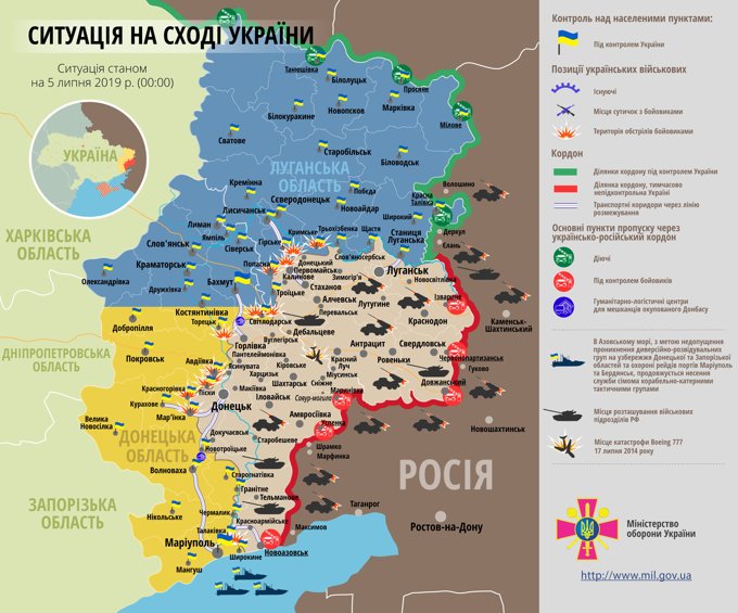 Ситуація на сході країни на 5 липня 2019 року за даними РНБО України, прес-центру ООС, Міністерства оборони, журналістів і волонтерів.