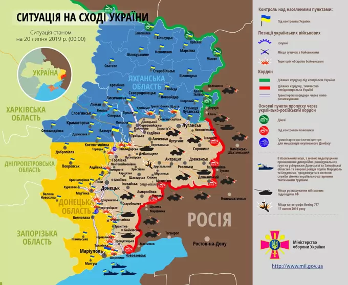 Ситуація на сході країни на 20 липня 2019 року за даними РНБО України, прес-центру ООС, Міністерства оборони, журналістів і волонтерів.