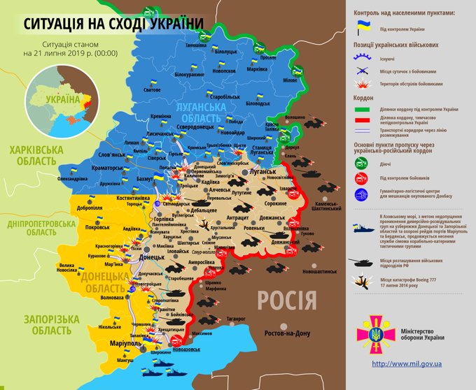 Ситуація на сході країни на 21 липня 2019 року за даними РНБО України, прес-центру ООС, Міністерства оборони, журналістів і волонтерів.