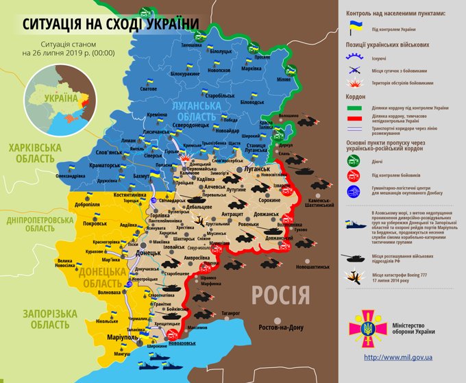 Ситуація на сході країни на 26 липня 2019 року за даними РНБО України, прес-центру ООС, Міністерства оборони, журналістів і волонтерів.