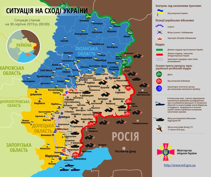 Ситуація на сході країни на 30 серпня 2019 року за даними РНБО України, прес-центру ООС, Міністерства оборони, журналістів і волонтерів.
