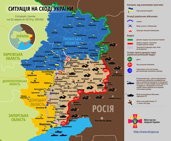 Ситуация на востоке страны на 2 сентября 2019 года по данным СНБО Украины, пресс-центра ООС, Министерства обороны, журналистов и волонтеров.