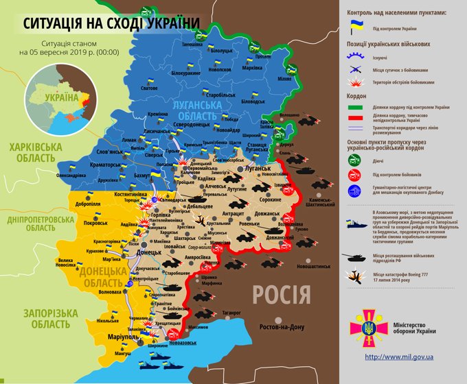 Ситуація на сході країни на 5 вересня 2019 року за даними РНБО України, прес-центру ООС, Міністерства оборони, журналістів і волонтерів.