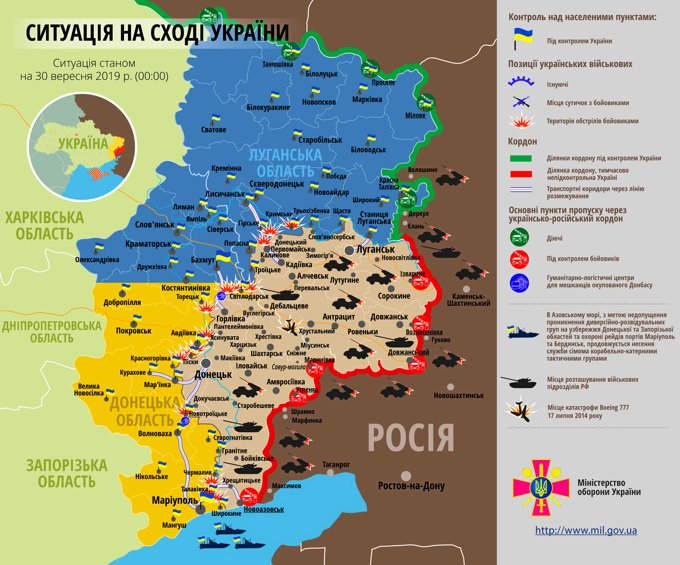 Ситуація на сході країни на 30 вересня 2019 року за даними РНБО України, пресцентру ООС, Міністерства оборони, журналістів і волонтерів.