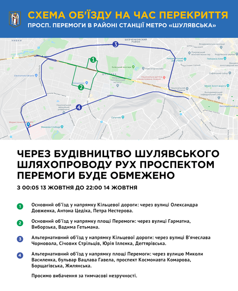 На вихідних, 12-13 жовтня, в столиці буде повністю обмежено рух транспорту по проспекту Перемоги на перетині з вул. Вадима Гетьмана.