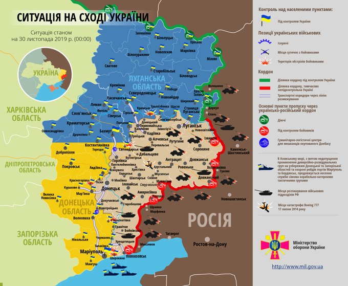 Ситуація на сході країни станом на 30 листопада 2019 року за даними РНБО України, пресцентру ООС, Міністерства оборони, журналістів і волонтерів.