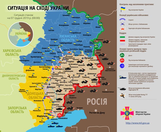 Ситуация на востоке страны на 7 декабря 2019 года по данным СНБО Украины, пресс-центра ООС, Министерства обороны, журналистов и волонтеров.