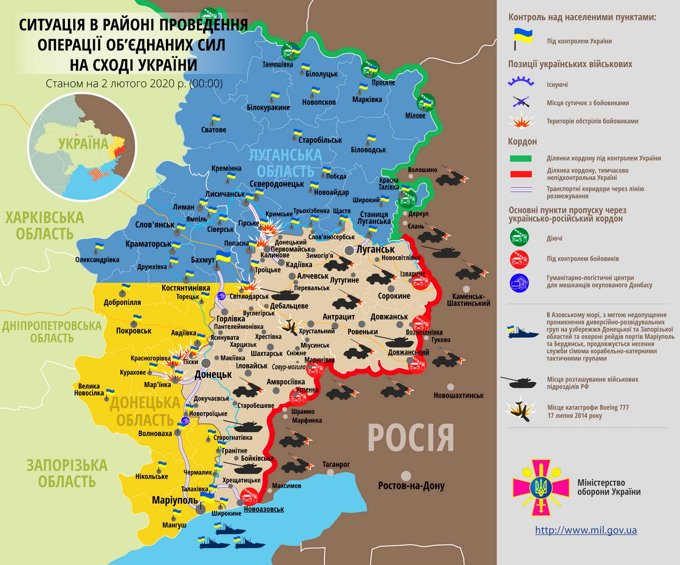 Ситуація на сході країни станом на 2 лютого 2020 року за даними РНБО України, пресцентру ООС, Міністерства оборони, журналістів і волонтерів.