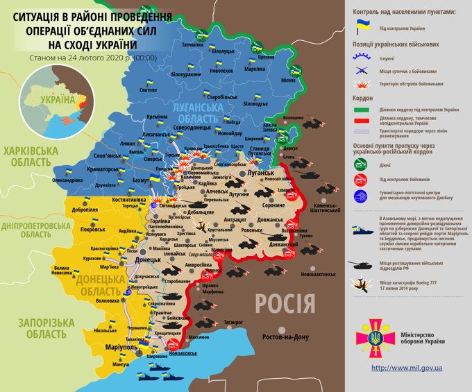Ситуація на сході країни станом на 24 лютого 2020 року за даними РНБО України, пресцентру ООС, Міністерства оборони, журналістів і волонтерів.