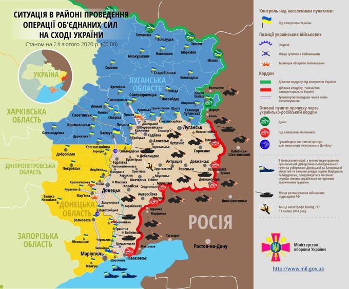 Ситуация на востоке страны на 28 февраля 2020 года по данным СНБО Украины, пресс-центра ООС, Министерства обороны, журналистов и волонтеров.