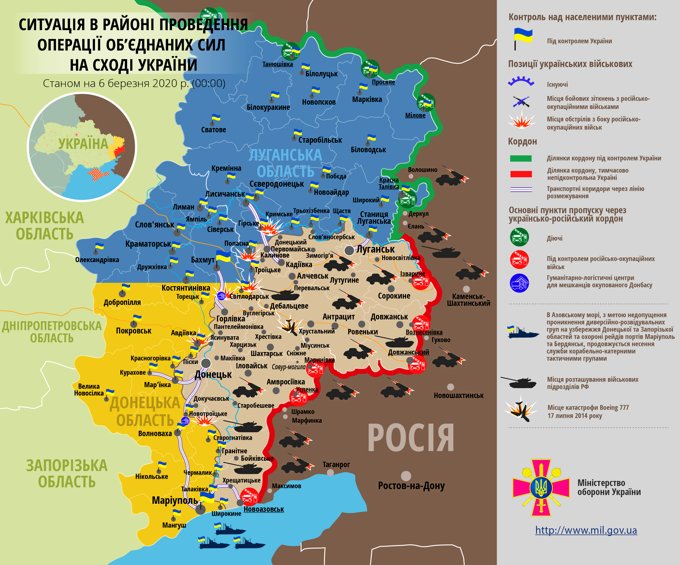 Ситуація на сході країни станом на 6 березня 2020 року за даними РНБО України, пресцентру ООС, Міністерства оборони, журналістів і волонтерів.