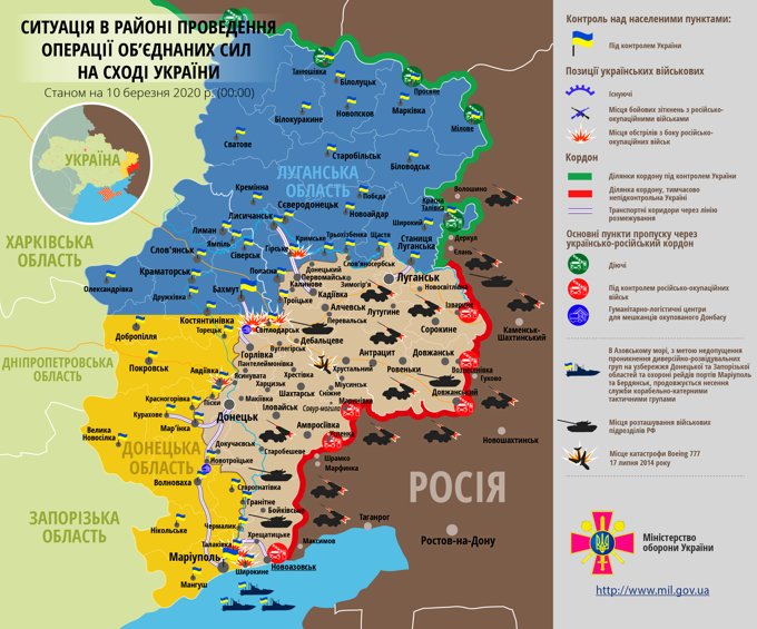 Ситуація на сході країни станом на 10 березня 2020 року за даними РНБО України, пресцентру ООС, Міністерства оборони, журналістів і волонтерів.
